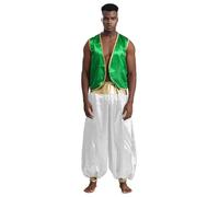Alvivi Arabian Prince Costume for Men Stage Performance Satiny Vest and Pants Halloween Cosplay Party Outfit Green&White XXL