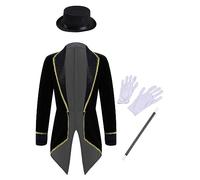 Alvivi Boys Girls Circus Showman Tailcoat Victorian Jacket with Top Hat Magic Wand Gloves Set Black 13-14 Years