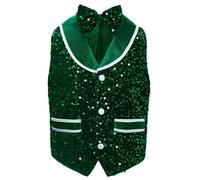 Alvivi Boys Girls Sequin Vest Jacket Kids Sparkly Button Down Velvet Waistcoat with Tuxedo Bowtie Jazz Dance Top Dark Green 7-8 Years