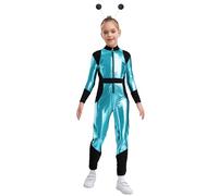 Alvivi Girls Alien Costume Sparkle Metallic Jumpsuits for Space Man Cosplay Halloween Carnival Fancy Dress Up Sky Blue Black 13-14 Years