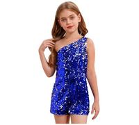 Alvivi Girls Sparkly Sequin Romper One Shoulder Sleeveless Jumpsuit Pageant Formal Dance Short Playsuit Royal Blue 9-10 Years