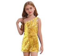 Alvivi Girls Sparkly Sequin Romper One Shoulder Sleeveless Jumpsuit Pageant Formal Dance Short Playsuit Gold 11-12 Years