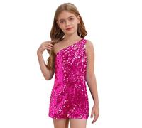 Alvivi Girls Sparkly Sequin Romper One Shoulder Sleeveless Jumpsuit Pageant Formal Dance Short Playsuit Hot Pink 11-12 Years