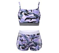 Alvivi Kids Girls 2PCS Sports Dance Outfit Racer Back Crop Top with Shorts Workout Athletic Gymnastic Activewear Camo Purple Camisole 9-10 Years