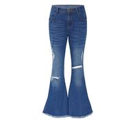 Alvivi Kids Girls Ripped Flared Jeans Elastic Waist Bell-Bottom Denim Pants Slim Fit Raw Hem Trousers Casual Jeggings Blue 9-10 Years