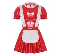 Alvivi Men's Sissy Maid Costume Patent Leather Ruffled Mini Dress Waitress Cosplay Uniform Outfits Red XXL