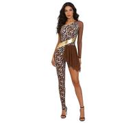 Alvivi Native Costume for Women Irregular Hem Cosplay Dance Leotard Leopard Printed One Shoulder Themed Party Unitard Brown S