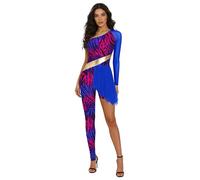 Alvivi Native Costume for Women Irregular Hem Cosplay Dance Leotard Leopard Printed One Shoulder Themed Party Unitard Royal Blue L