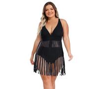 Alvivi Women 2 Piece Plus Size Tummy Control Swimwear Fringe Tassel Bikini Top with High Waisted Bottom Swimsuit Black 5XL