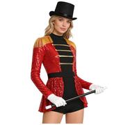 Alvivi Women Sequin Ringmaster Outfit Set Fringed Bodysuit | Ballet Dance Leotards,Shiny Sequin,Lion Tamer Costume,Short Length Circus Costume,High Mock Neck Romper,Cheerleading Outfits