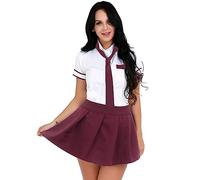 Alvivi Women's 3Pcs Japanese School Girl Cosplay Costume Short Sleeves Shirt with Mini Pleated Skirt Burgundy XXL