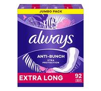 Always Anti-Bunch Xtra Protection, Panty Liners for Women, Light Absorbency, Extra Long Length, Leakguard + Rapiddry, Unsented, 92 Count