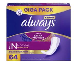 Always Dailies Extra Protect Women's Pantiliners, Normal (64 Pads), Giga Pack, Instantly Locks Odours and Liquids, for Maximum Day Protection