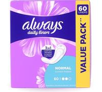 Always Daily Panty Liners Normal - 60 Unscented Pantyliners, Dailies Big Pack, Normal Absorbency, Breathable Cottony Topsheet, Flexible, Dermatologically Tested