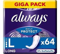 Always Daily Protect Long Pantiliners, Pack of 64, 0 Percent Fragrances, Comfortable with Side Leak Protection