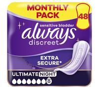 Always Discreet Incontinence Pads Women, Ultimate Night, Absorbency 8, 48 Sanitary Towels (12 x 4), Extra Secure Bladder Weakness, Odour Neutraliser