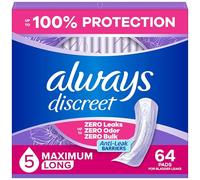Always Discreet Adult Incontinence Pads for Women, Maximum Absorbency, Long Length, Postpartum Pads, Up to 100% Bladder Leak Protection, 64 Count