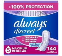 Always Discreet Adult Incontinence Pads for Women, Maximum Absorbency, Regular Length, Postpartum Pads, Up to 100% Bladder Leak Protection, 144 Count
