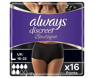 Always Discreet Boutique Incontinence Pants Women, Large Size, Black, 16 High Absorbency Plus Pants (8 x 2 Packs), Odour Neutraliser, Softness and Protection, For Sensitive Bladder