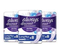 Always Discreet Incontinence Pads for Women, Long Plus for Sensitive Bladder, Extra Secure, 8 Pads per Pack (Pack of 3) - 24 Pads in Total