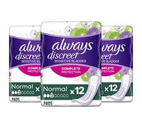 Always Discreet Incontinence Pads for Women, Normal for Sensitive Bladder, Complete Protection, 12 Pads per Pack (Pack of 3) - 36 Pads in Total