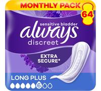 Always Discreet Incontinence Pads Women Long Plus 64 Count, Extra Secure & Discreet
