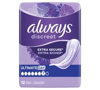 Always Discreet Incontinence Pads Women, Ultimate Day, Absorbency 6, 48 Sanitary Towels (12 x 4 Packs), Extra Secure Bladder Weakness Pads Women, Odour Neutraliser