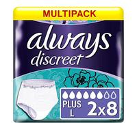 Always Discreet Incontinence Pants Women, Plus, 16 High Absorbency Pants, High Waisted, Odour Neutraliser, Duo Pack, for Sensitive Bladder, White, Large, (8 x 2 Packs)