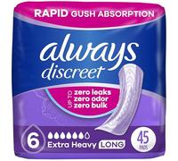 Always Discreet Incontinence & Postpartum Incontinence Pads for Women, Overnight Absorbency, Extra Heavy Long, 45 Count