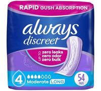 Always Discreet, Incontinence & Postpartum Pads for Women, Size 4, Moderate Absorbency, Long Length, 54 Count