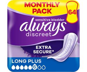 Always Discreet IncontinenceWomen Pads, Heavy Absorbency, Long Plus, 64 Count