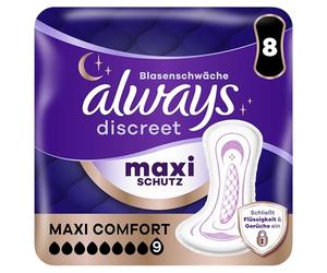 Always Discreet Maxi Comfort Day and Night Incontinence Pads for Women, Absorbency 9, Pack of 8, Extra Safe for Bladder Weakness, Odour Control