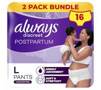 Always Discreet Postpartum & Adult Incontinence Pants High-Waisted Maternity Knickers Super Absorbent, Soft & Breathable Size Large, 16 Count (8 x 2 Packs)