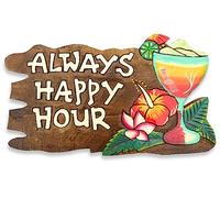 "Always Happy Hour" Sign/Plaque - Colourful Rustic Wooden Sign with carved 'Always Happy Hour', Flowers and Cocktail Glass. Art for Tikki Bar, Man Cave Front Door Porch Pub Home Office Garden