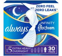 Always Infinity Feminine Pads for Women, Flexfoam Pads with Wings, Size 5, Extra Heavy Overnight Absorbency, Unscented, 30 Count
