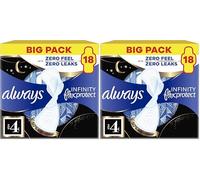Always Infinity FlexProtect Sanitary Towels Night Extra (Size 4) with Wings 18 Pads, Unscented, for up to Zero Feel & Zero Leaks, Super-Absorbent & Flexible Protection (Pack of 2)