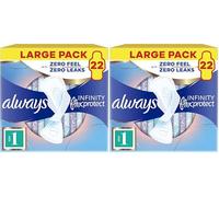 Always Infinity FlexProtect Sanitary Towels, Size 1 Normal, Value Pack, 2 Packs of 22 Count, Unscented, for up to Zero Feel & Zero Leaks, Super Absorbent & Flexible Protection