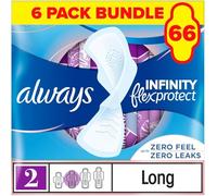 Always Infinity FlexProtect Sanitary Towels, Size 2 Long, 6 Packs of 11 Count, Unscented, for up to Zero Feel & Zero Leaks, Super Absorbent & Flexible Protection
