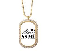 Always Kiss Me Quote Art Deco Fashion Necklace Pendant Diamond Crystal Golden Jewelry