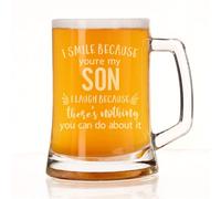 Always Looking Good Beer Stein Gift for Son - Engraved Glass Beer Mug Present 500ml - Funny I Smile Because You're My Son I Laugh Because There's Nothing You Can Do About It Keepsake