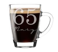 Always Looking Good Personalised 65th Birthday Glass Coffee Mug with Name - 300ml Personalised Mug for Women & Men, UK Engraved Gift for Birthday Presents, Unique Coffee Gift for him or her