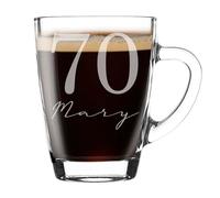 Always Looking Good Personalised 70th Birthday Glass Coffee Mug with Name - 300ml Personalised Mug for Women & Men, UK Engraved Gift for Birthday Presents, Unique Coffee Gift for him or her