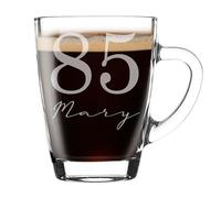 Always Looking Good Personalised 85th Birthday Glass Coffee Mug with Name - 300ml Personalised Mug for Women & Men, UK Engraved Gift for Birthday Presents, Unique Coffee Gift for him or her