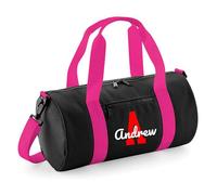 Always Looking Good Personalised Name & Initial Barrel Bag for Boys & Girls, 12L Durable Training Holdall Bag, 20x20x40cm Stylish Storage for Sports & Travel Gear - Black/Hot Pink