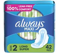 Always Maxi Feminine Pads for Women Size 2 Long Super Absorbency with Wings Unscented 42 Count
