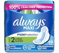 Always Maxi Feminine Pads for Women, Size 2 Long Super Absorbency, with Wings, Unscented, 60 Count