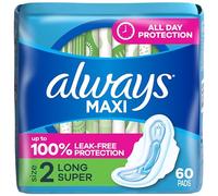 Always Maxi Feminine Pads for Women, Size 2 Long Super Absorbency, with Wings, Unscented, 60 Count