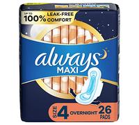 Always Maxi Feminine Pads For Women, Size 4 Overnight Absorbency, With Wings, Unscented, 26 Count