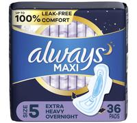 Always Maxi Feminine Pads for Women Size 5 Extra Heavy Overnight Absorbency with Wings Unscented 36 Count