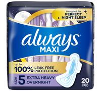 Always Maxi Feminine Pads for Women, Size 5 Extra Heavy Overnight Absorbency, with Wings, Unscented, Pack of 20